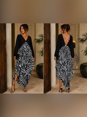 S-DEER Zebra Print Asymmetrical Maxi Dress Open Back Rhinestone Straps L